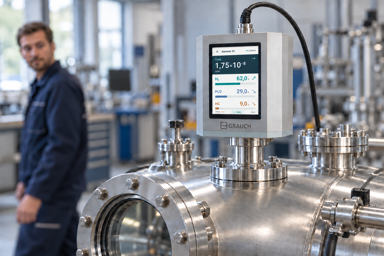 Produktvision: ein kompaktes GRAUCH-Gerät an einer Vakuumkammer mit Anzeige für Totaldruck und Gasanteile. Im Hintergrund geht eine Person vorbei.