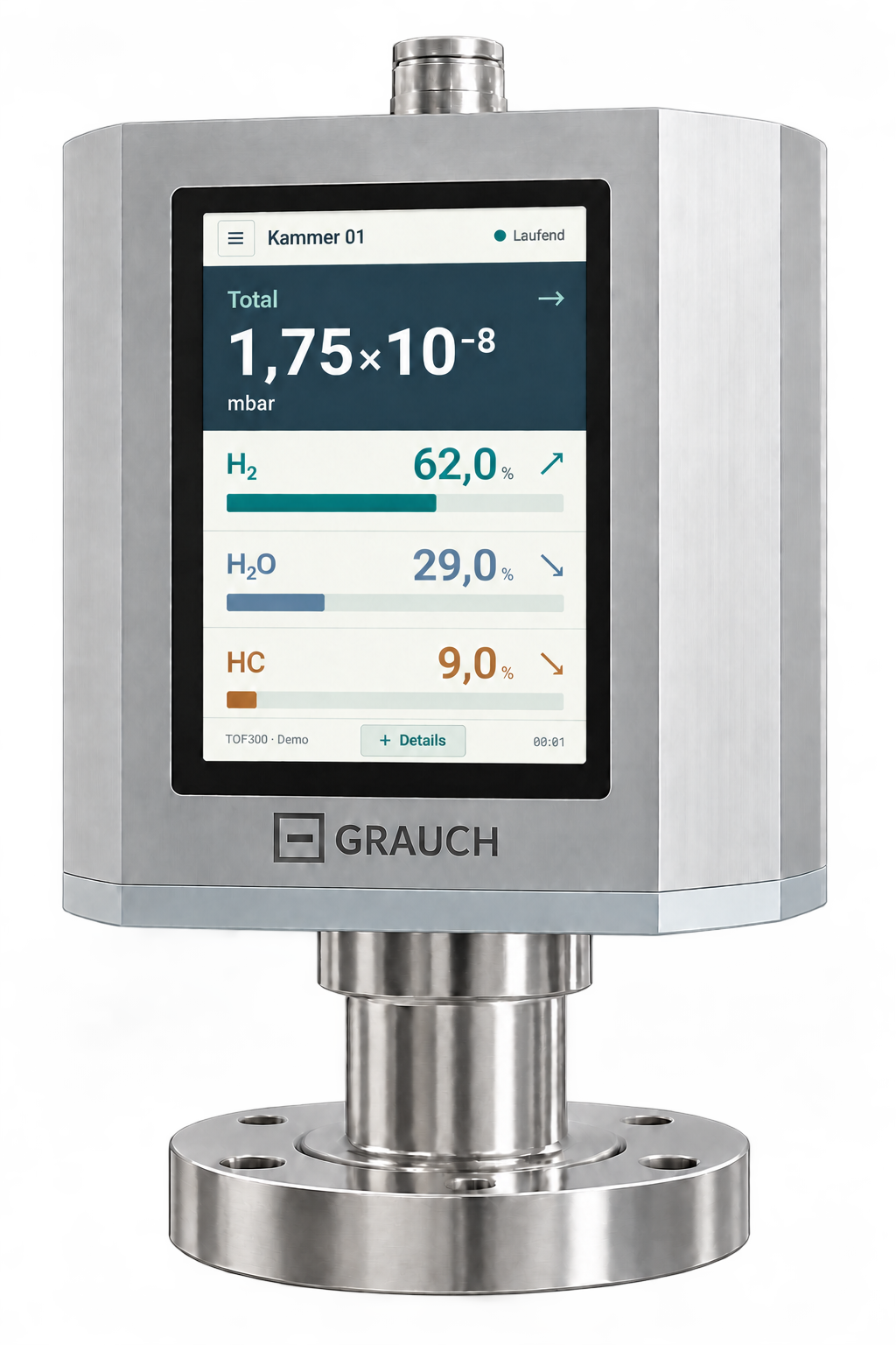 TOF300 als Produktvision: silbernes Gehäuse und Anzeige mit beispielhaftem Totaldruck 1,75 × 10⁻⁸ mbar sowie H₂, H₂O und HC.